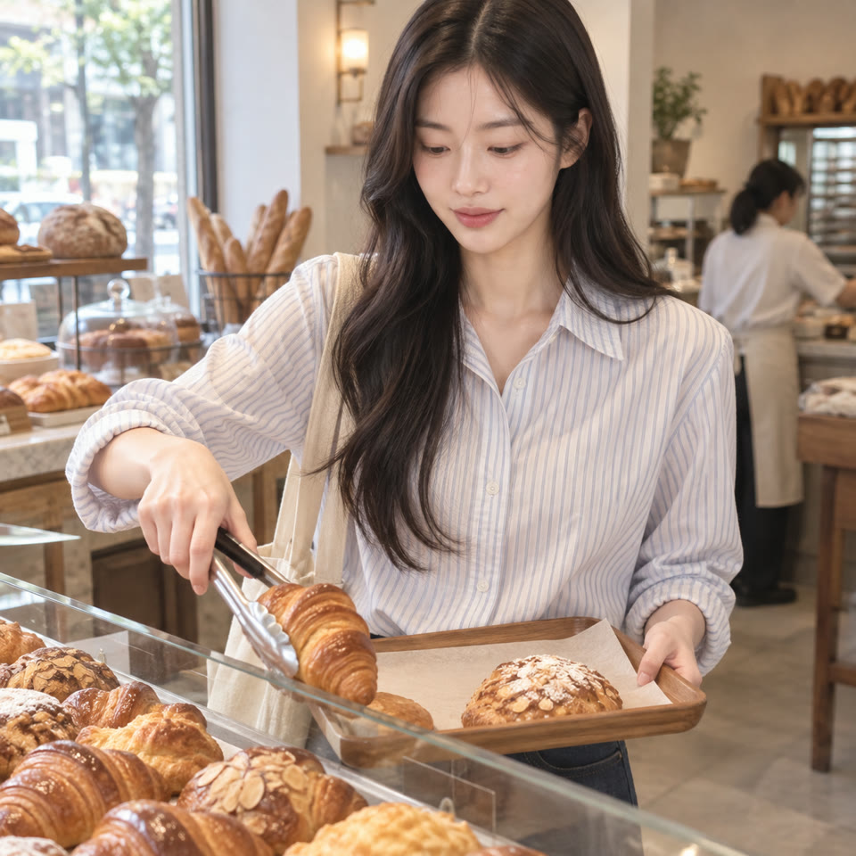 베이커리에서 빵을 고르는 서윤