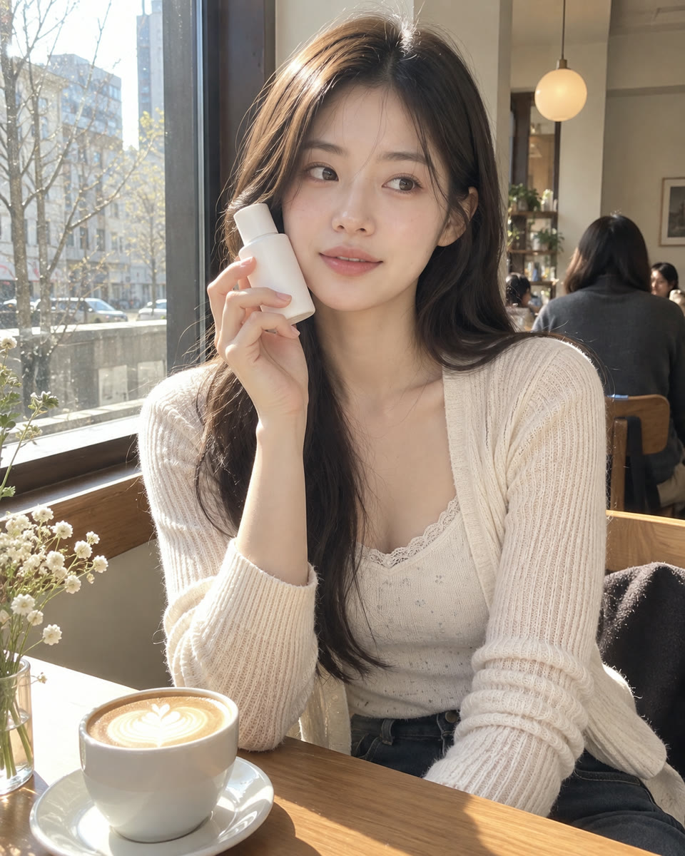 카페에서 스킨케어 제품을 든 서윤