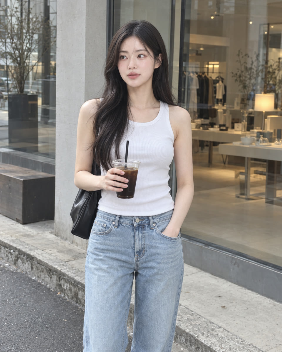 편집숍 앞에서 커피를 든 서윤